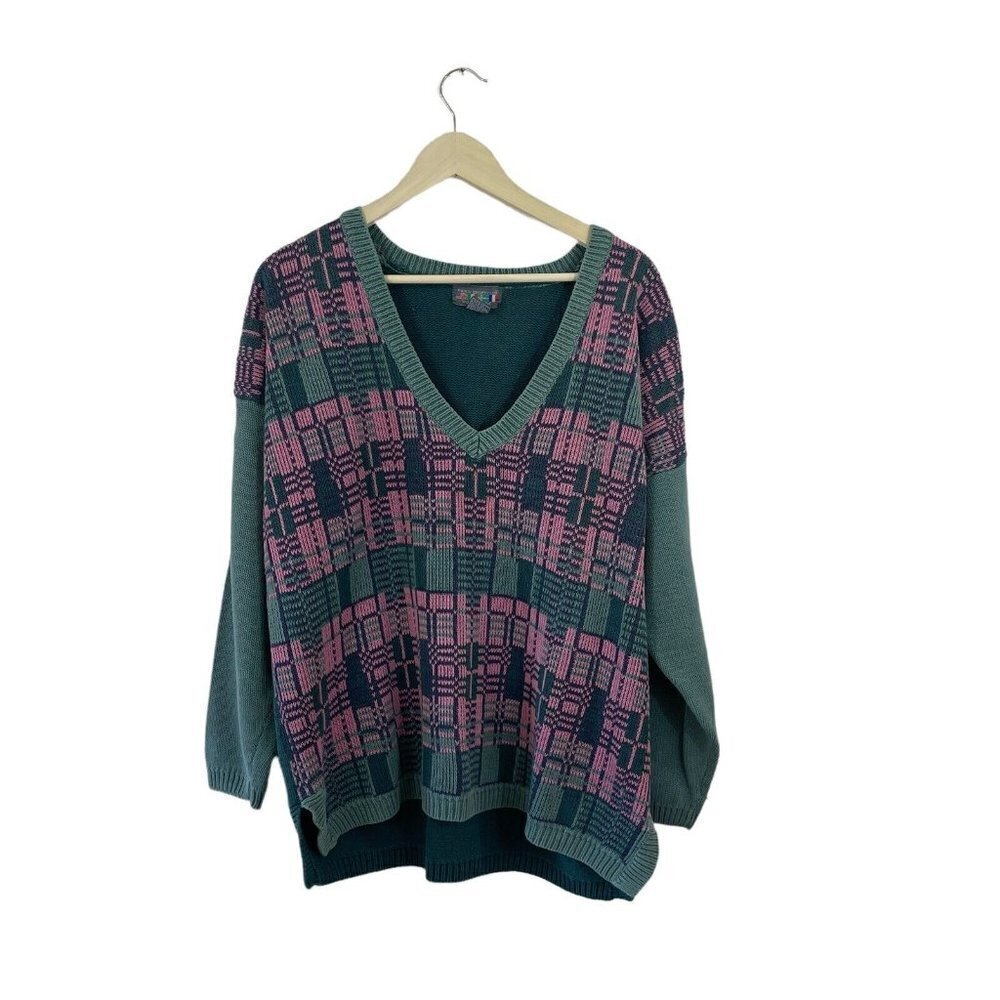 Vintage Paris Sport Club Medium Sweater Plaid V-Neck Preppy Cotton Womens